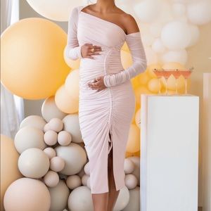 BLUSH PINK MATERNITY ASYMMETRIC RUCHED MAXI DRESS